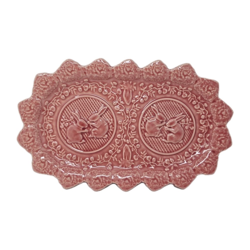 Vintage Bordallo Pinheiro Easter Pink Rabbit Bunnies Platter Tray Portugal U253